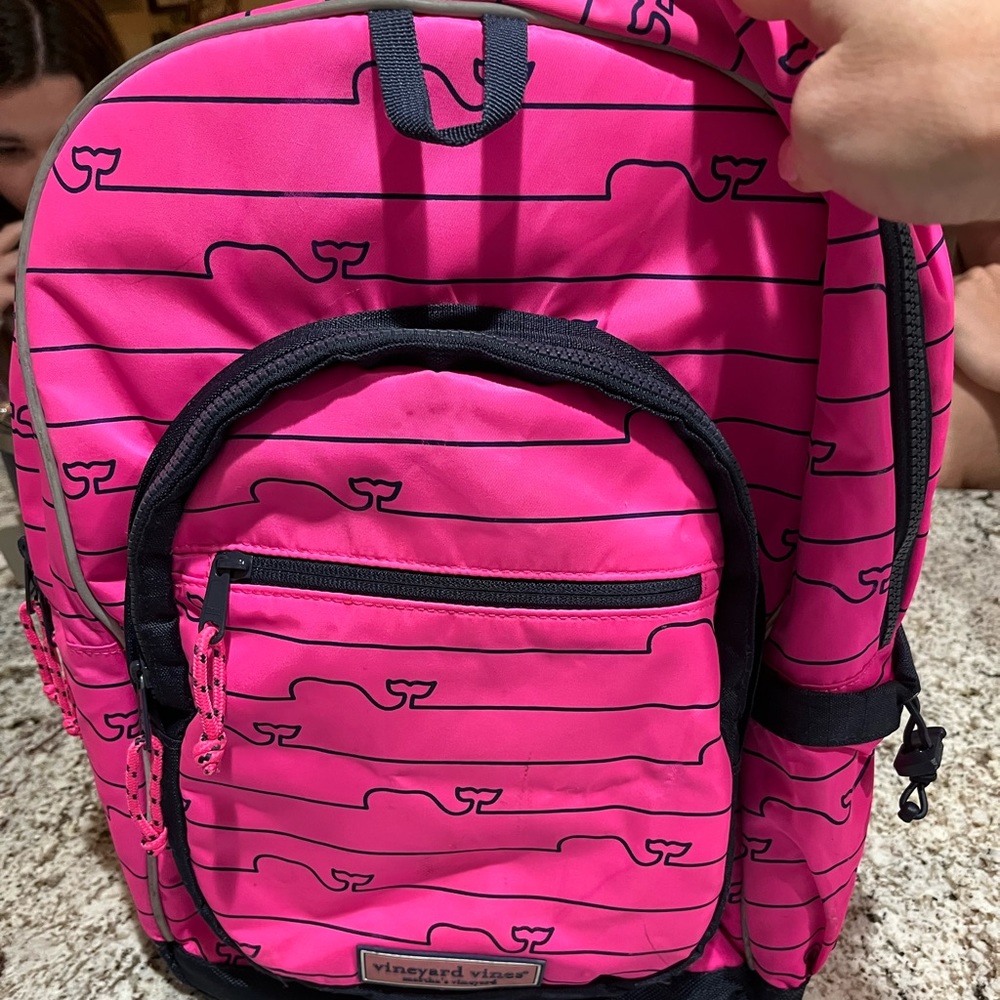 VINEYARD VINES Girl’s School Pink Navy Blue Whale BACKPACK Bag Zip Pockets